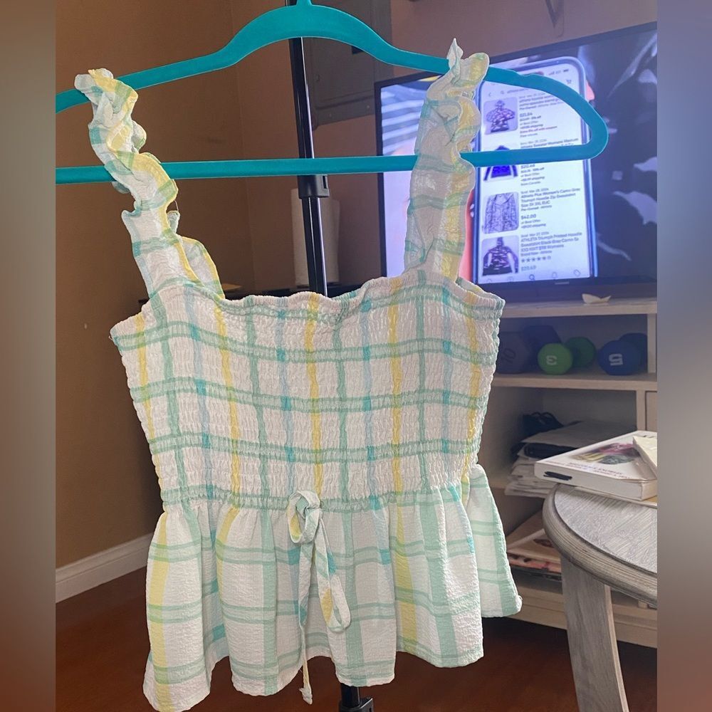 E&M Mint Green Yellow Plaid Smocked Peplum Tank Top Women's Smal